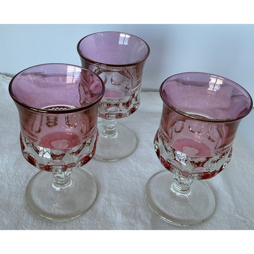 Vintage Pink Cranberry‎ Glass Wine Goblets Thumbprint Set of 3 MCM Style